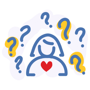 Illustrated icon of person with question marks